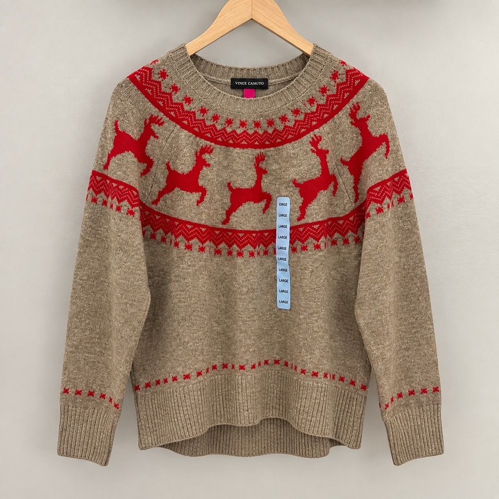Vince Camuto Womens Reindeer Holiday Sweater Brown Red Fair Isle Christmas L NWT